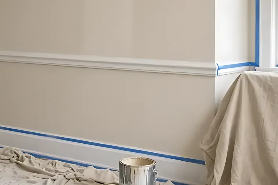 Close-up of blue painter’s tape along a white baseboard and wall.