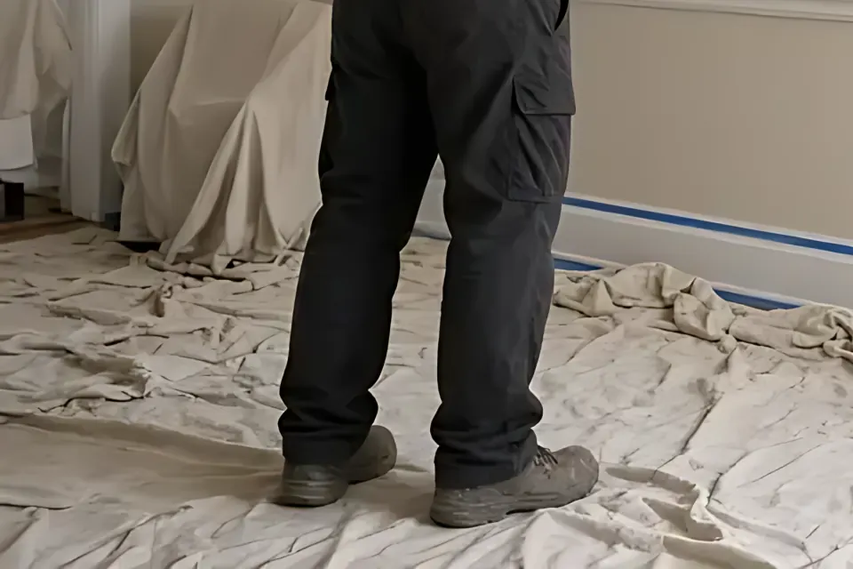 Close-up of drop cloths covering the floor of a room being painted.