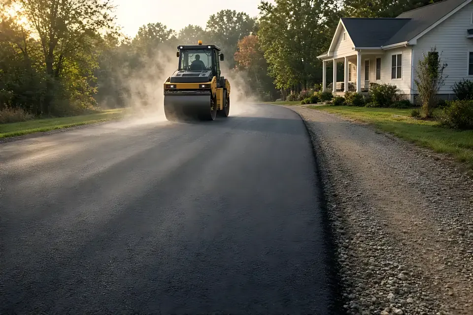 Road roller compacting fresh asphalt on a private country road beside a gravel shoulder, with a house and trees in the background.
