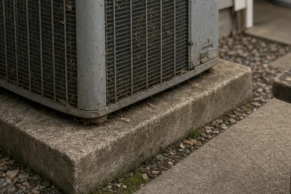Lower half of a weathered condenser sitting on its concrete pad.