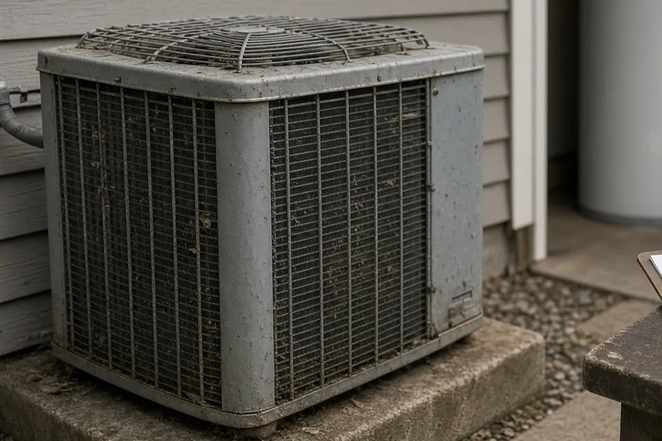 Older, weathered outdoor air conditioner on a concrete pad.