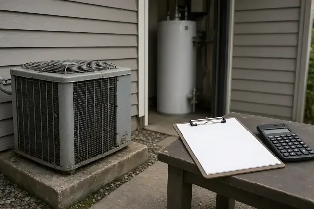Tank water heater on a drain pan in a utility room.