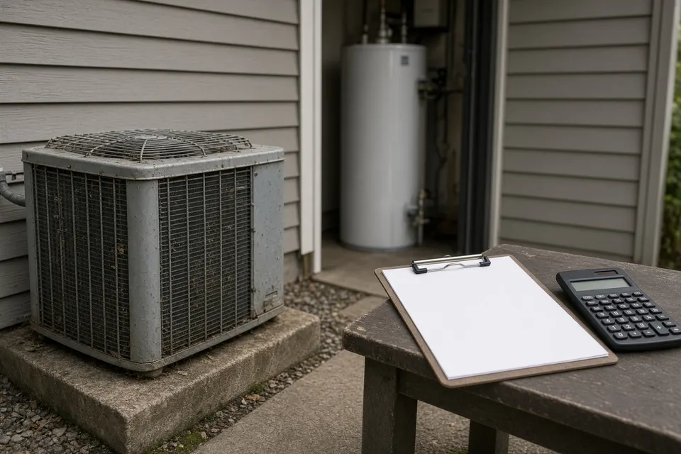 Aged outdoor air conditioner on a concrete pad, with a blank clipboard, a calculator and a water heater visible through a doorway.