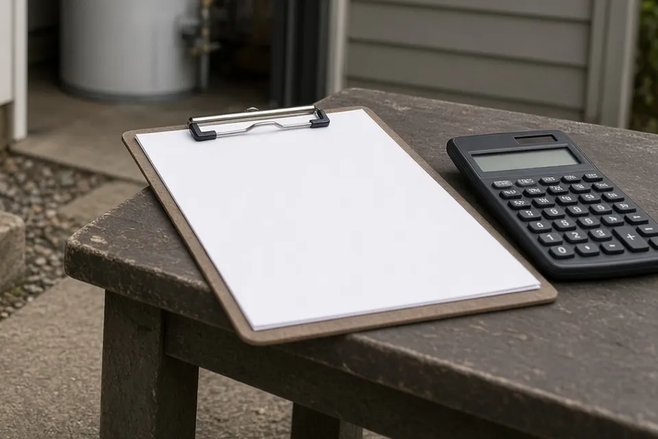 Blank clipboard and a calculator on a work table.