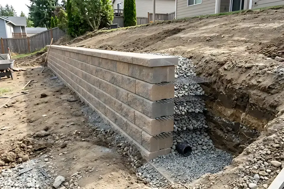 Residential sloped yard showing a newly built segmental interlocking concrete block retaining wall with an exposed cross-section of the compacted gravel base, washed angular drainage stone backfill, black horizontal geogrid mesh layers, and perforated footing drain pipe.