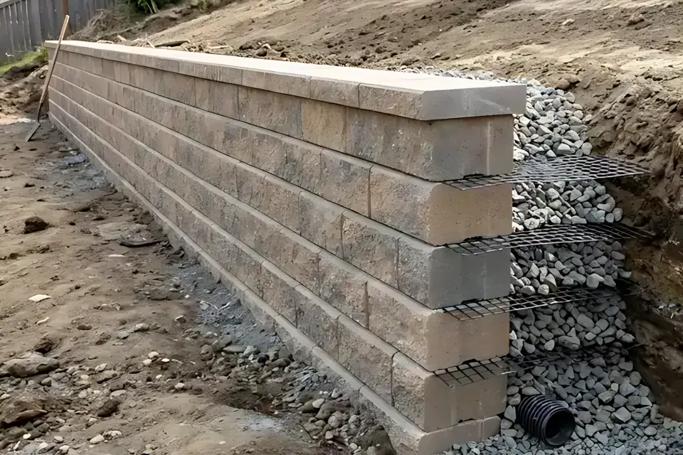 Step 1: Inspect interlocking segmental concrete blocks, setback lip/pins, and adhesive capstones.