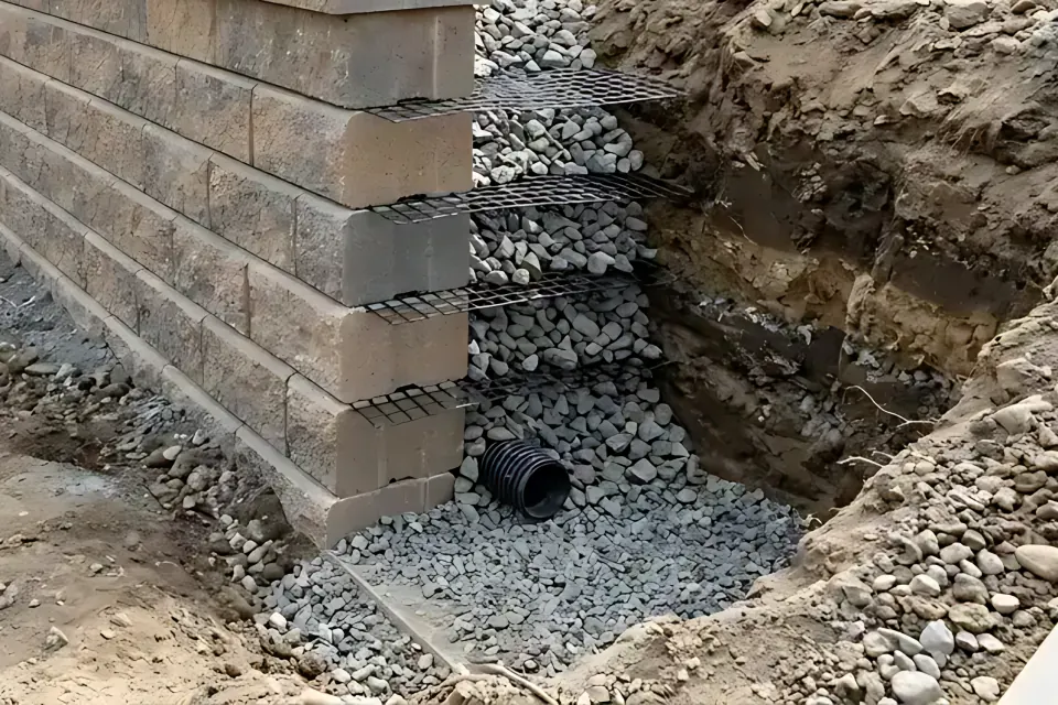 Step 3: Check compacted crushed stone leveling pad and 4-inch perforated footing drain pipe.
