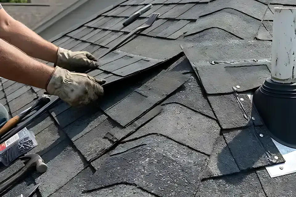 Step 1: Unseal upper shingle tabs with a flat bar to slide replacement shingles into a wind patch.