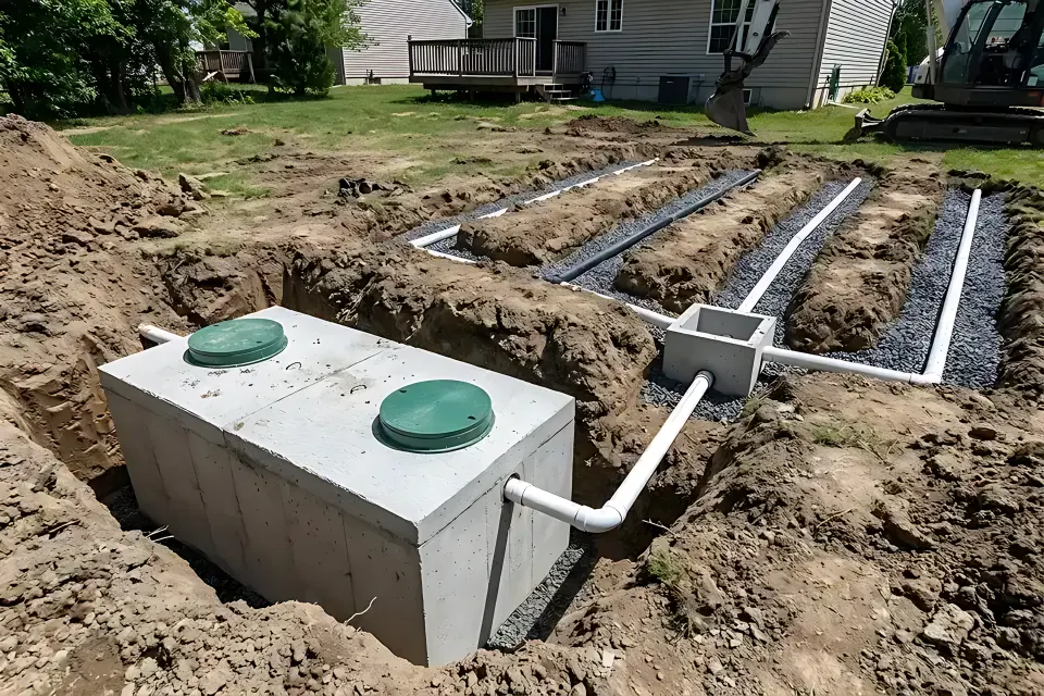 Residential backyard septic system replacement showing a precast two-compartment concrete septic tank with green access risers connected to a concrete distribution box and parallel gravel leach drain field trenches.