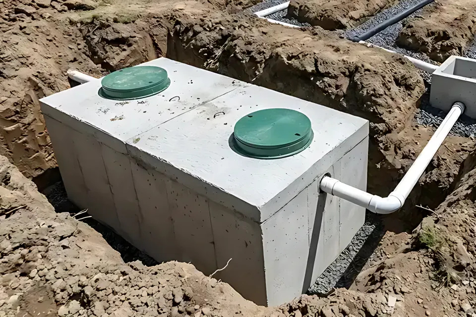 Step 1: Inspect precast two-compartment concrete septic tank and green ground-level access risers.