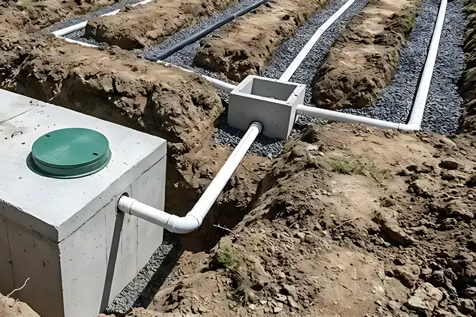 Step 2: Verify outlet tee effluent filter and concrete distribution box (D-box) with speed levelers.