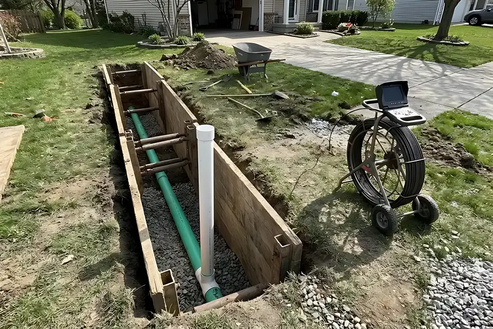 Residential front yard shored sewer trench showing new green SDR-35 PVC sewer lateral pipe bedded in crushed gravel, white two-way PVC cleanout riser, and fiber-optic sewer inspection camera reel.