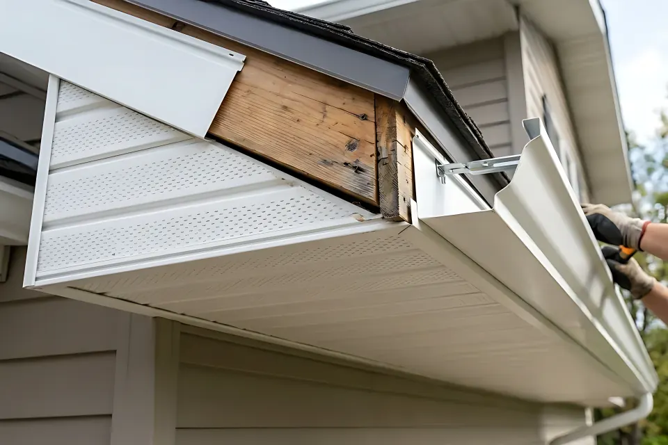 Close-up of a residential roof eave overhang during renovation showing perforated vinyl soffit panels, solid wood sub-fascia board, white aluminum fascia wrap, metal drip edge, and K-style gutter hanger.