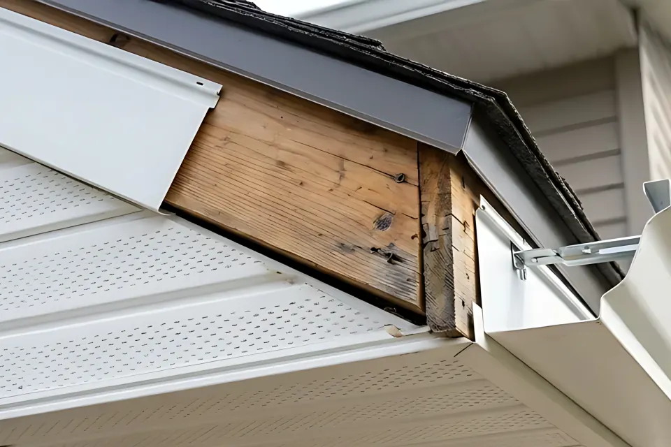 Step 2: Inspect solid wood sub-fascia board before installing brake-formed aluminum fascia wrap.