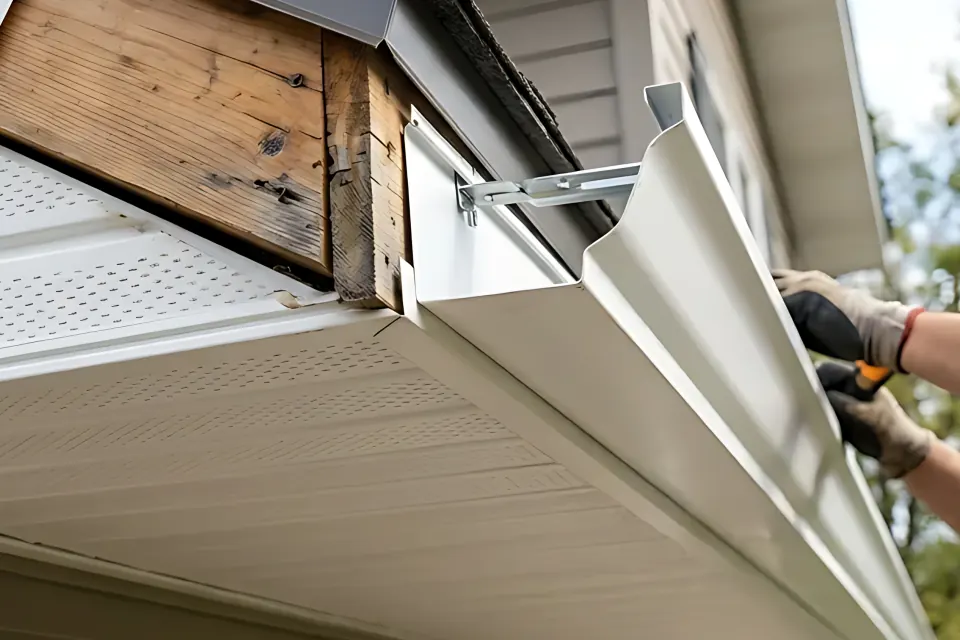 Step 3: Check metal roof drip-edge flashing and seamless gutter hidden-hanger attachment.