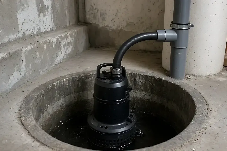 Black submersible sump pump sitting in a round concrete basement sump pit, with a flexible discharge hose rising to a gray PVC discharge pipe on the wall.