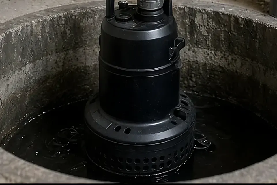 Close-up of a black submersible sump pump and its housing sitting in water at the bottom of a concrete sump pit.