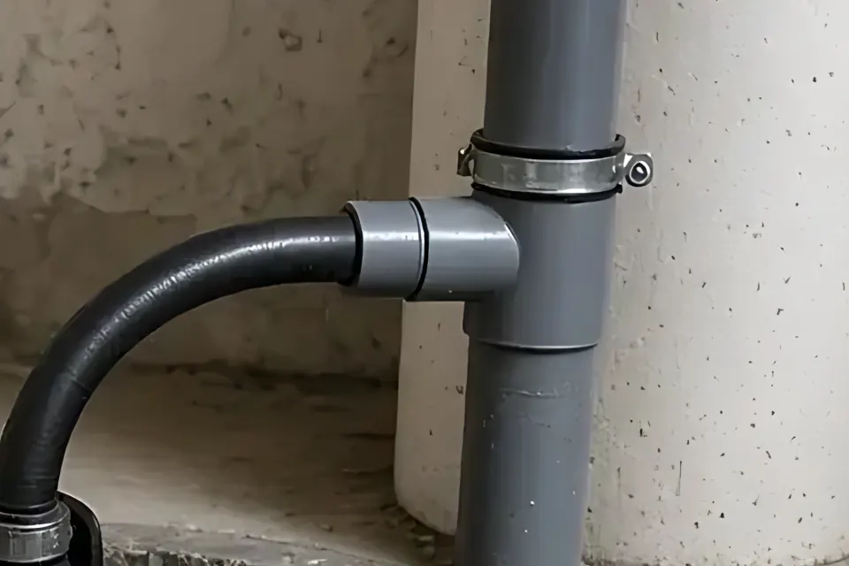 Close-up of the gray PVC discharge pipe and coupling on a basement wall above a sump pit.