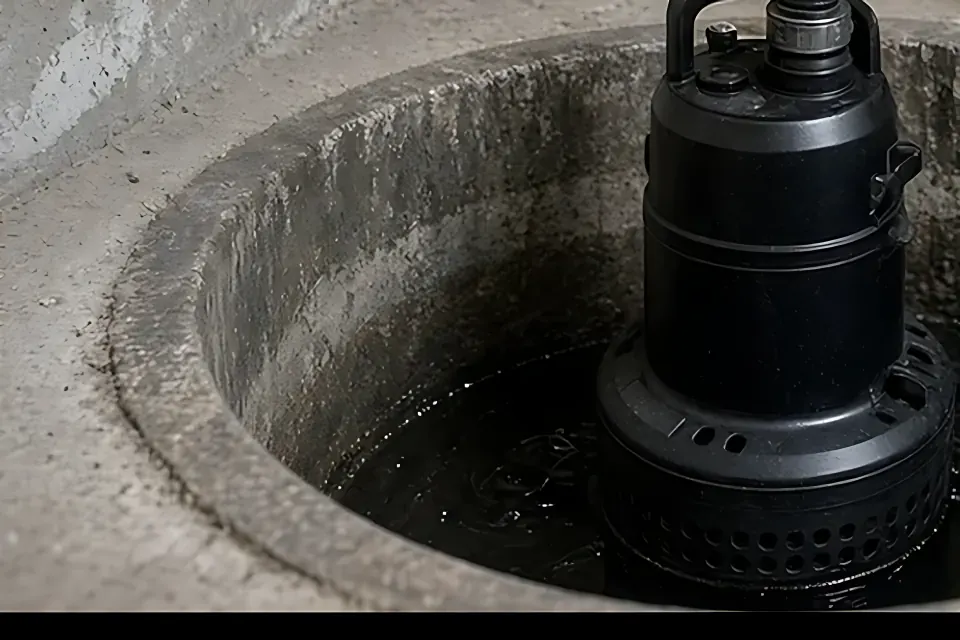 Wide view of the round concrete rim of a basement sump pit with a pump inside.