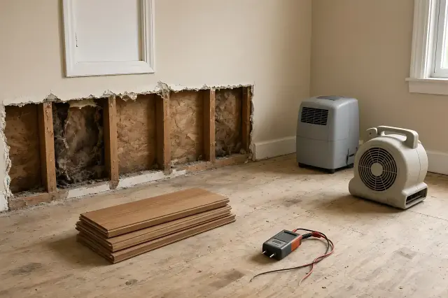 Room with plank flooring lifted to expose the subfloor.