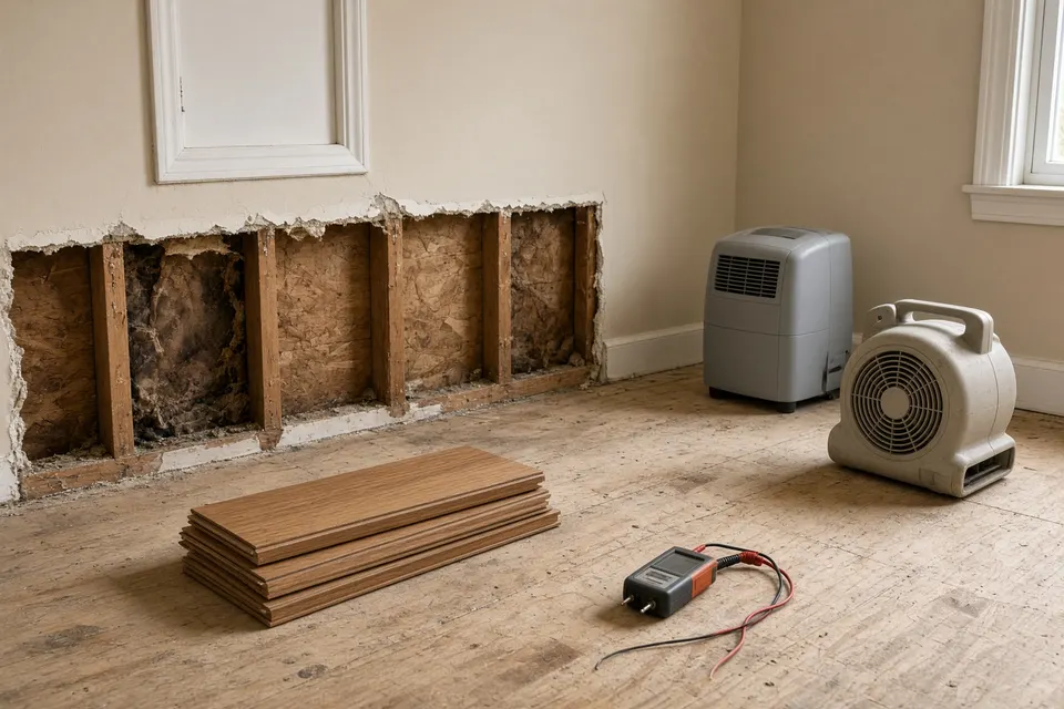 Room after a water leak, with flood-cut drywall, lifted flooring, a moisture meter, an air mover and a dehumidifier.