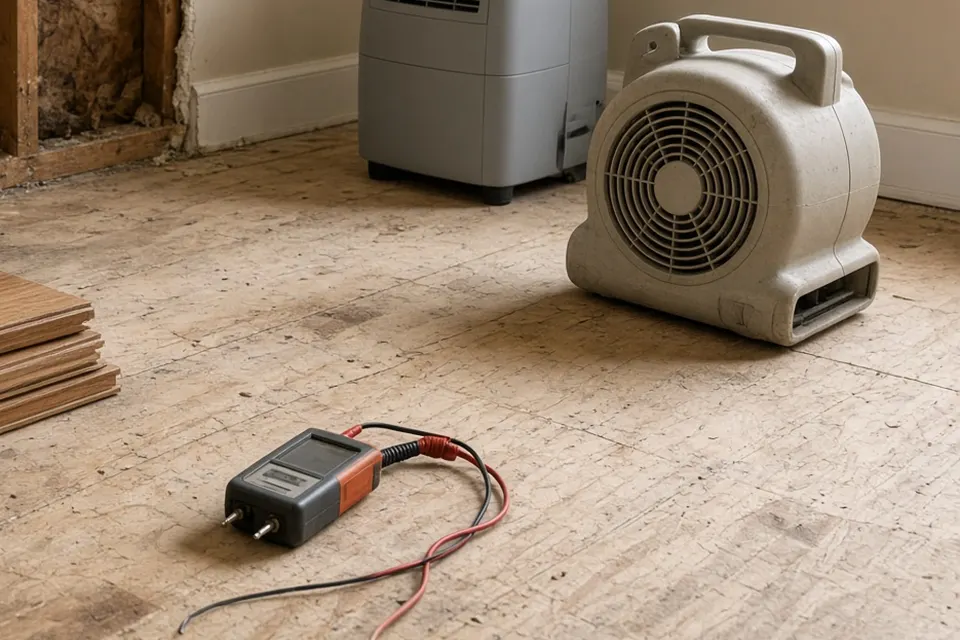 Moisture meter, air mover and dehumidifier on an exposed subfloor.