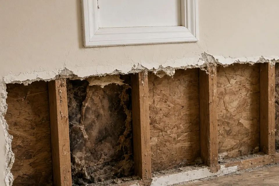 Flood-cut drywall with studs and wet insulation exposed.