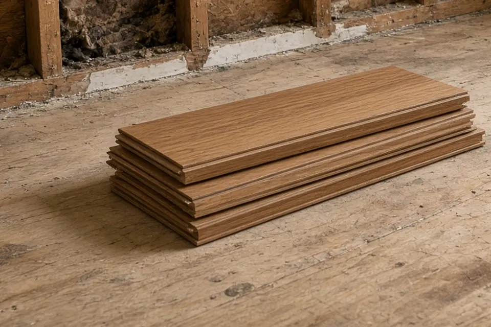 Lifted wood planks stacked beside an opened wall.