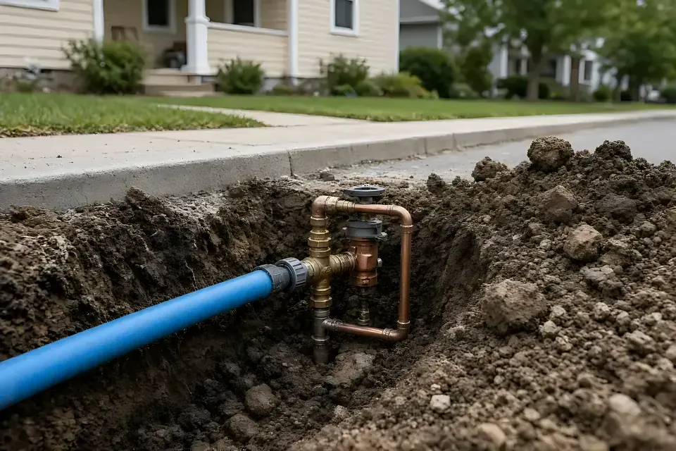 Open trench in a front lawn exposing a new blue polyethylene water service line connected to a copper meter fitting and valve, with a sidewalk and houses behind.