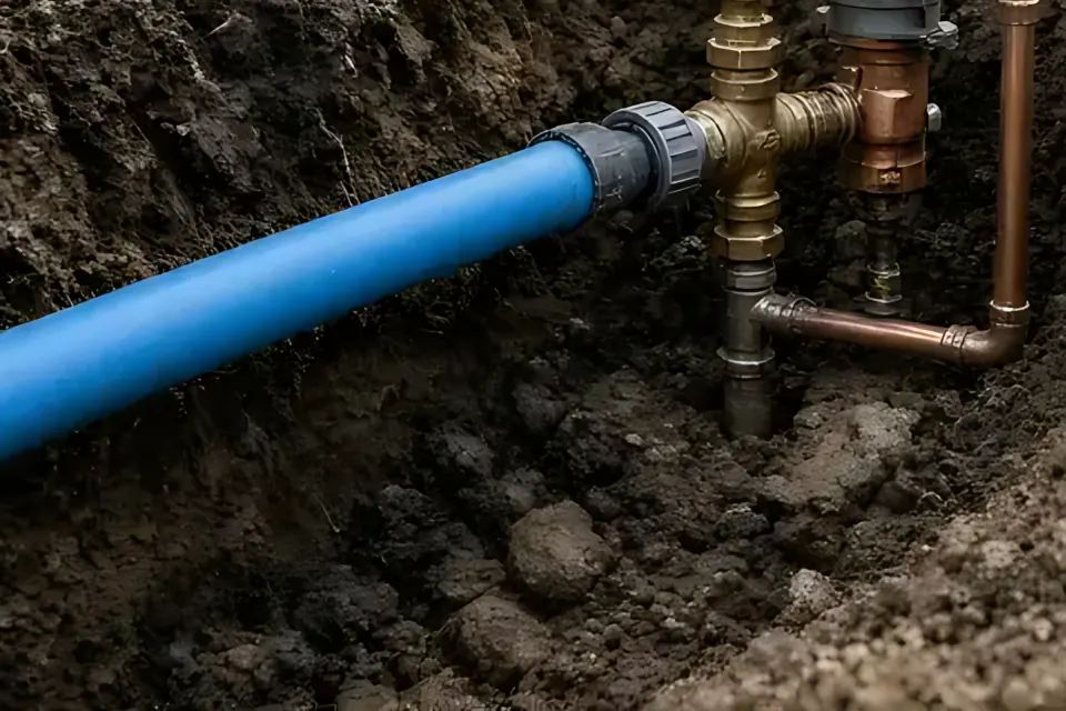 Close-up of a blue polyethylene water line in a trench.