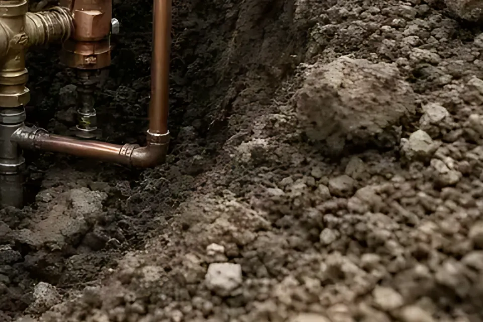 Close-up of copper fittings and a valve joining the water line in a trench.