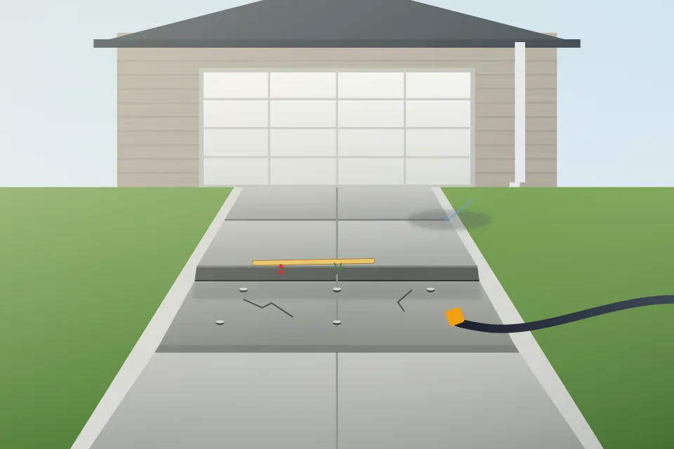 Illustration of a driveway where one concrete panel has sunk and tilted toward the garage, with injection holes drilled through it and a pump hose feeding fill underneath.