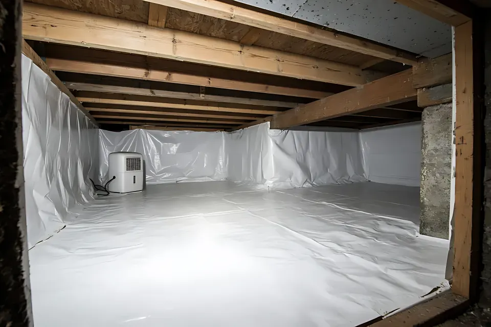 Encapsulated crawl space with a white vapor barrier, floor joists and a dehumidifier.