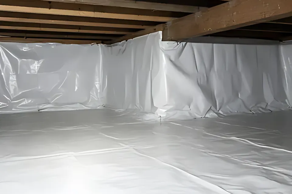 Dehumidifier: close-up detail from the crawl space encapsulation photo above, for step 2, Liner thickness and the dehumidifier.
