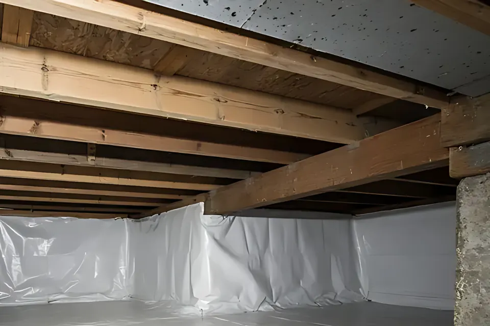 Floor joists: close-up detail from the crawl space encapsulation photo above, for step 3, The wood.