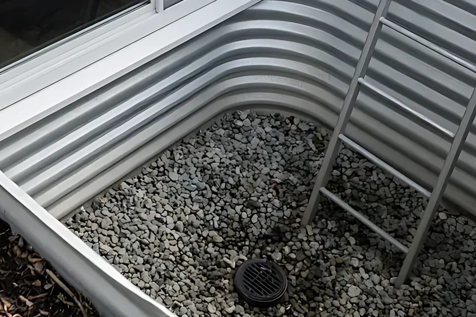 Gravel and drain: close-up detail from the egress window photo above, for step 3, Water.
