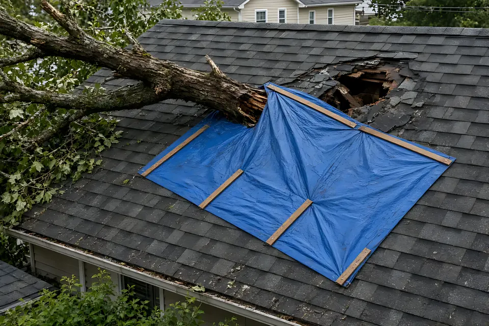 Blue emergency tarp and wood battens over a limb-damaged asphalt roof on a suburban house.