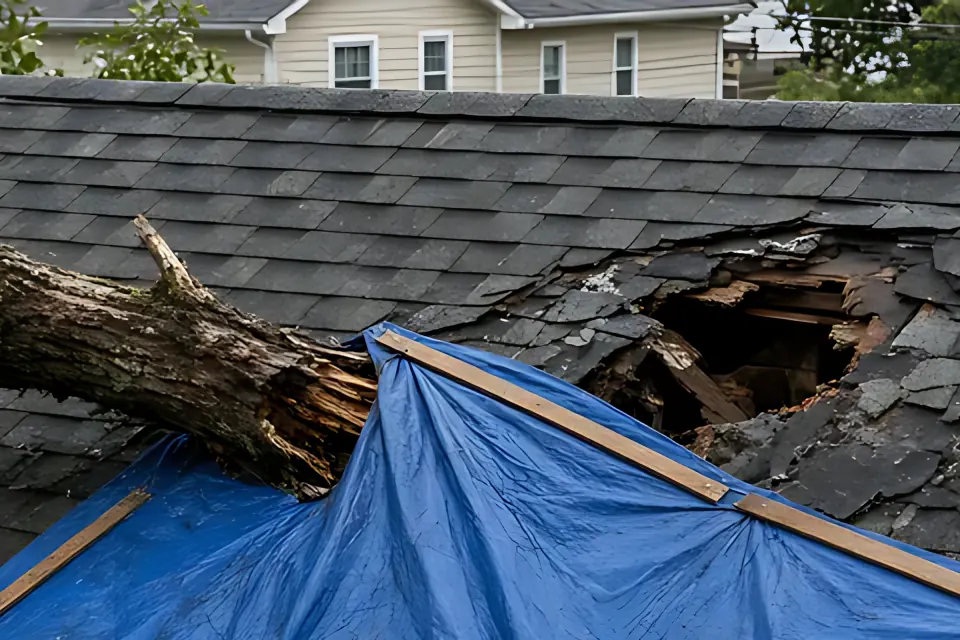 Impact point: close-up detail from the emergency tree tarp photo above, for step 1, Where the tree landed.