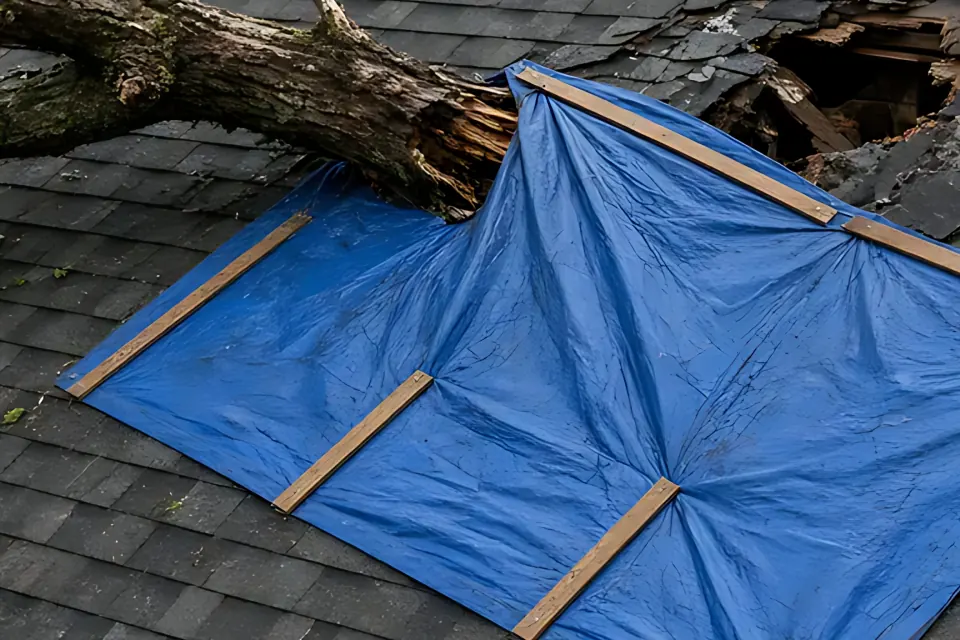 Tarp and battens: close-up detail from the emergency tree tarp photo above, for step 2, How the tarp is held.
