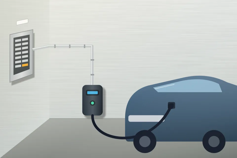 Illustration of an attached garage with a wall-mounted Level 2 EV charger plugged into a car, and the circuit running back to the main electrical panel.
