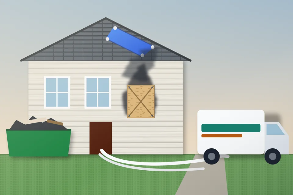Illustration of a house after a kitchen fire: a boarded window with soot streaks above it, a blue tarp over a burned section of roof, a restoration van with hoses running into the house, and a dumpster of charred debris.