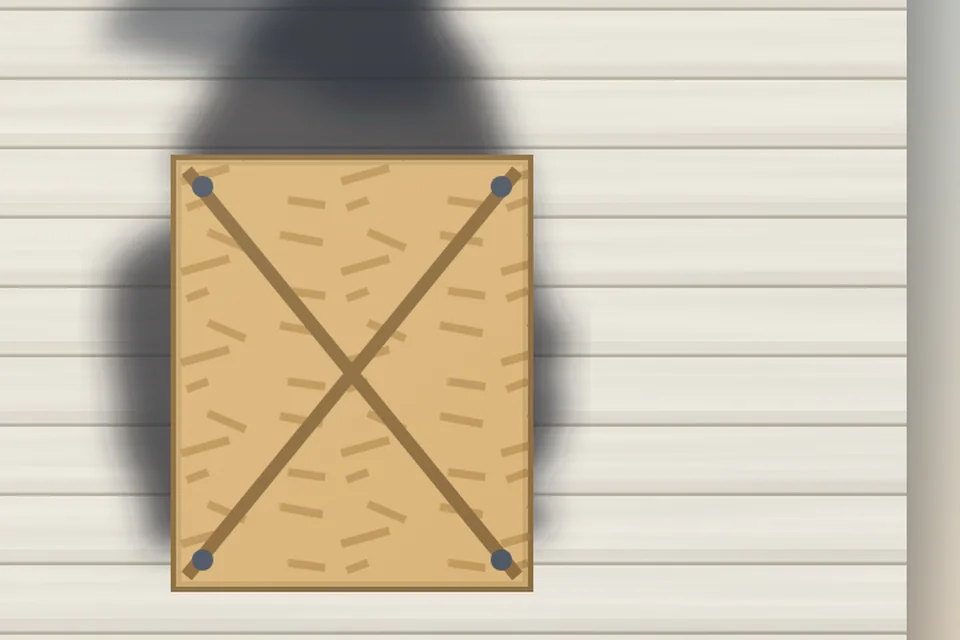 Boarded opening: close-up from the illustration above, for step 1, Secure every opening the same day.