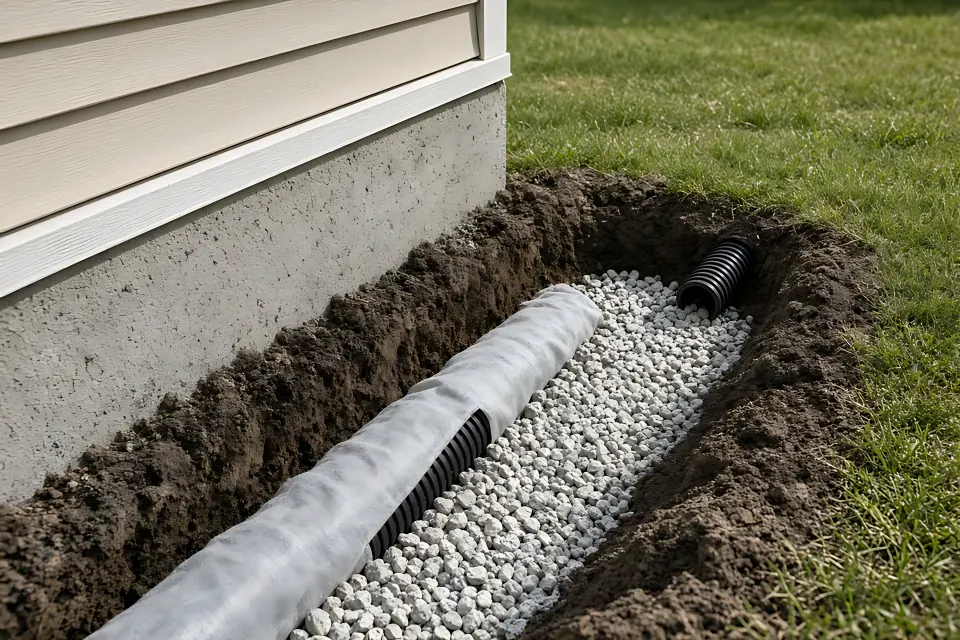 Open French drain trench beside a foundation with gravel, fabric and perforated pipe.