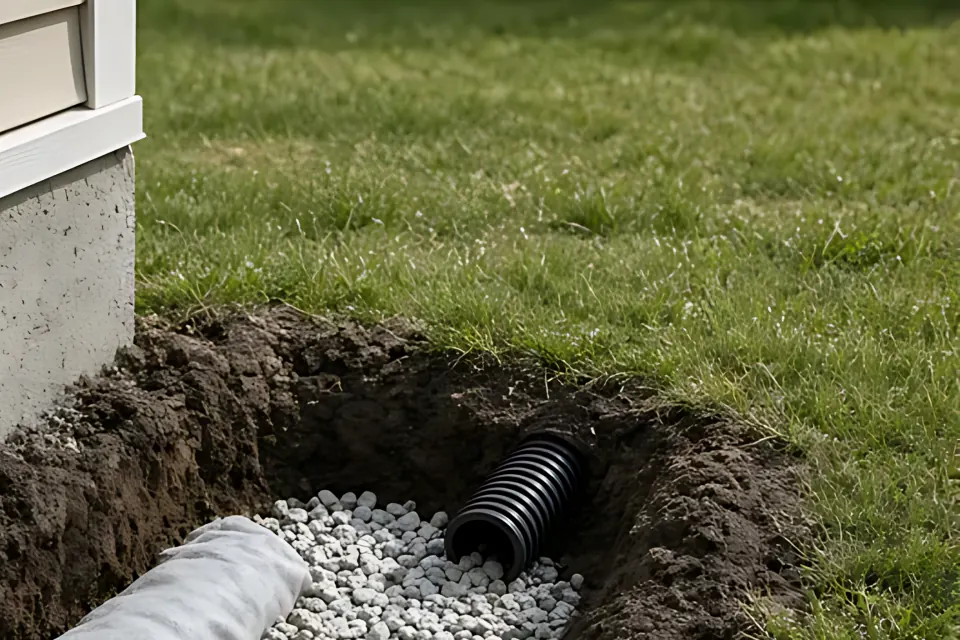 Wet side of the yard: close-up detail from the french drain photo above, for step 1, Where the water comes from.