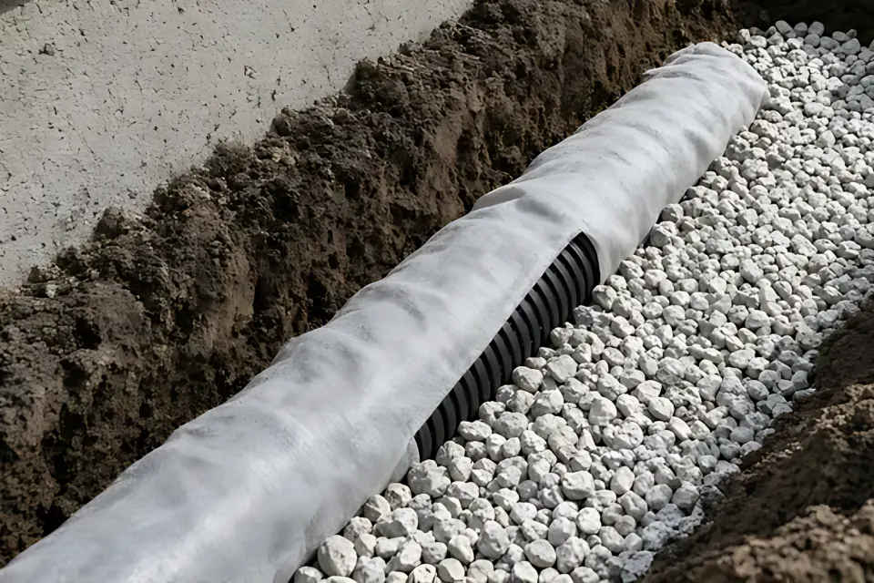 Trench and stone: close-up detail from the french drain photo above, for step 3, What gets cut.