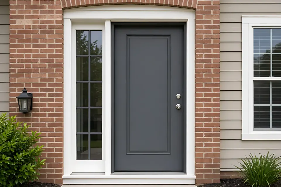 New prehung exterior front door with a sidelight and painted trim on a house.