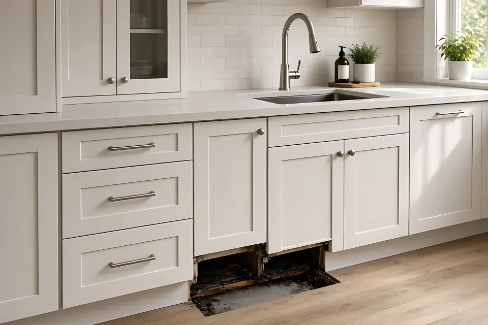 Mid-range kitchen with shaker cabinets and quartz counters, the kind of run a leak at the sink can force you to match.