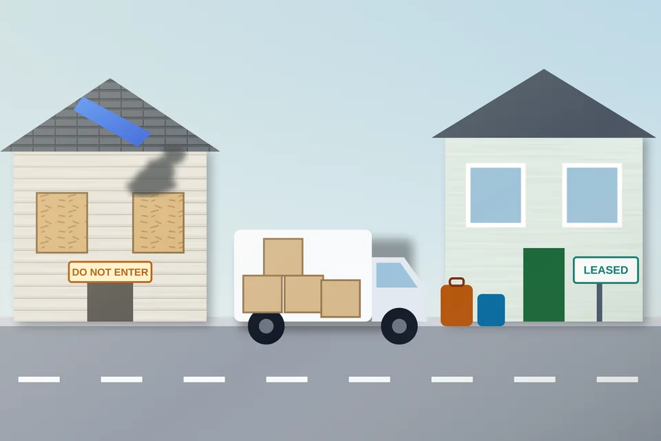 Illustration of a boarded-up house with a do-not-enter sign, a moving van with boxes, suitcases on the curb and a leased rental house across the street.