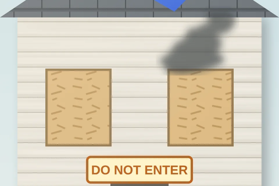 Boarded house: close-up from the illustration above, for step 1, Document why you cannot stay.