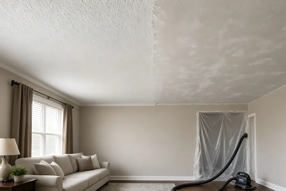 Living-room ceiling half covered in popcorn texture and half smoothed, with plastic containment at the doorway.